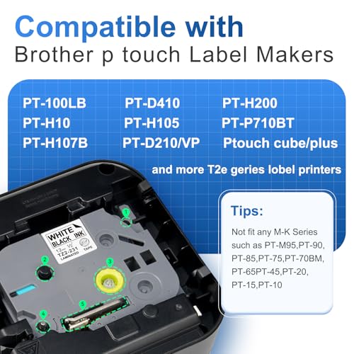 PROFICETIK TZe-231 Kompatibel mit Brother P-touch Bänder 12mm Weiß Schriftband Kompatibel mit P touch Bänder als Ersatz für Brother Beschriftungsgerät PT-H100R PT-H107B H100lb PT-1000 PT-1010