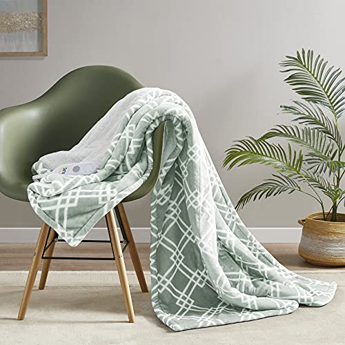Serta Reversible Fleece to Sherpa Electric Blanket Fast Heating Soft Cover, Safety Auto Shut Off Timer, Low EMF, Multi Heat Setting, ETL Certified, Machine Washable, Aqua Geo Throw (50"x 60")