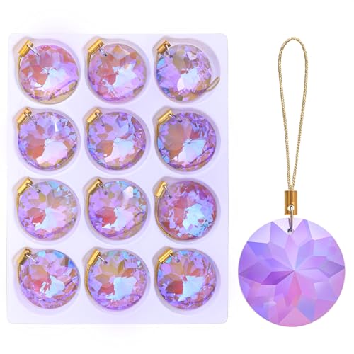 LUMITI 12 Pcs Crystal Glass Christmas Balls Ornaments, 1.18″ Mini Round Prism Flower Xmas Tree Decorations, Hanging Ornament for Wedding Party Home Decor (Purple)