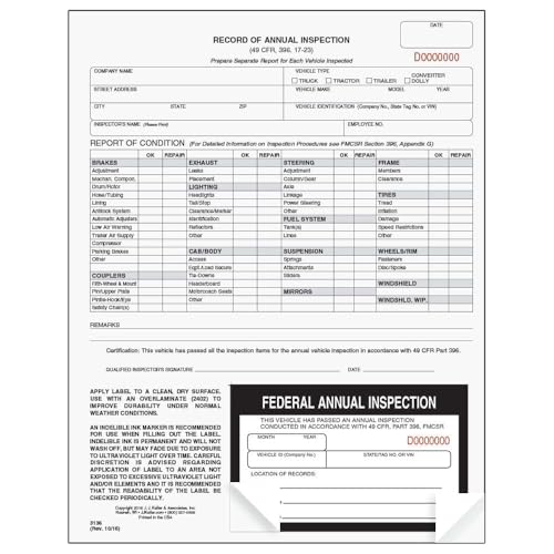 J. J. Keller 100-Pack, Record of Annual Inspection Form with Inspection Decal, 2-Ply Carbonless Form, DOT Compliant - Thumbnail 5