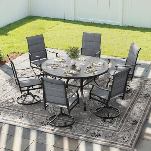 Image of Soohow Outdoor Dining Set for 6, 7-Piece Round Table Patio Dining Set, 6 x Swivel Patio Chairs and 1 x 47 Round Outdoor Dining Table, for Poolside, Backyard and Proch