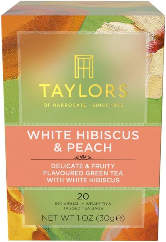 Taylors of Harrogate White Hibiscus & Peach, Green Tea Individually Wrapped Bags, 20 Count (Pack of 1), Delicate, Fruity and Sweet, Caffeinated, Enjoy Hot or Iced, 20 Teabags