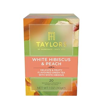 Taylors of Harrogate White Hibiscus & Peach, Green Tea Individually Wrapped Bags, 20 Count Pack of 1, Delicate, Fruity and Sweet, Caffeinated, Enjoy Hot or Iced, 20 Teabags