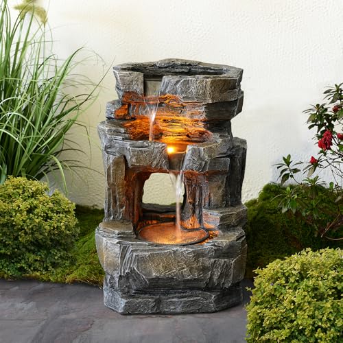 Kalona Outdoor Waterfall Fountain with LED Lights - 3-Tier Resin Rock Water Feature for Garden Patio Backyard, 21.5" Tall Fountain Decor 24392 by Kalona - Used condition - US$130.36