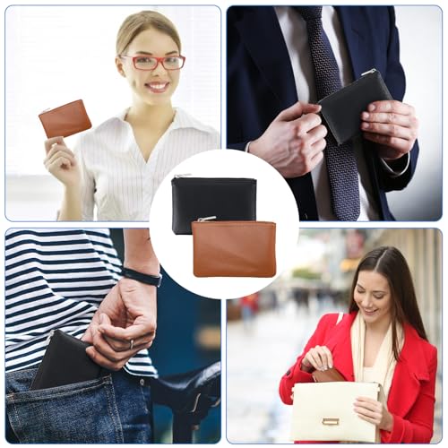 2 Pack Leather Zipper Coin Purse, Portable PU Leather Coin Purse,Mini Coin Pocket Pouch Change Holder, Coin Pouch with Zipper for Men Women Headset Credit Card ID Key Lipstick (Black&Brown)4