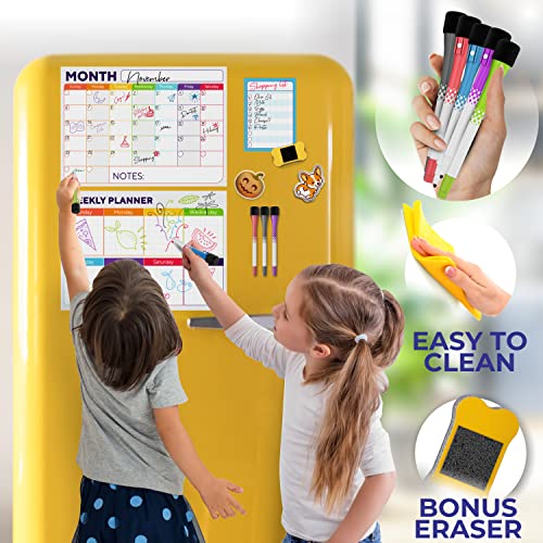 Magnetic Dry Erase Whiteboard Calendar For Fridge Set Of 3 - Includes: Monthly, Weekly & Daily Calendar Whiteboard, Grocery List, 5 Markers & Eraser - Perfect Calendar To Get Organized Every Day #TOP2
