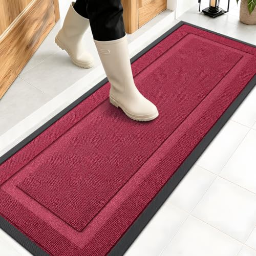 Image of OLANLY Front Door Mat Indoor Outdoor Entrance, Waterproof All-Season, All-Weather Doormat, Sturdy Natural Rubber, Low Profile, Easy Clean Patio Porch Entryway Mat, 47x17, Burgundy