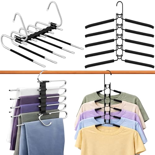 Kleiderschrank-Organizer mit platzsparenden Kleiderbügeln (2 Stück): Mehrfach-Hosenbügel + Multifunktions-Kleiderbügel aus Edelstahl, System zur Organisation des Schranks und Ordnung