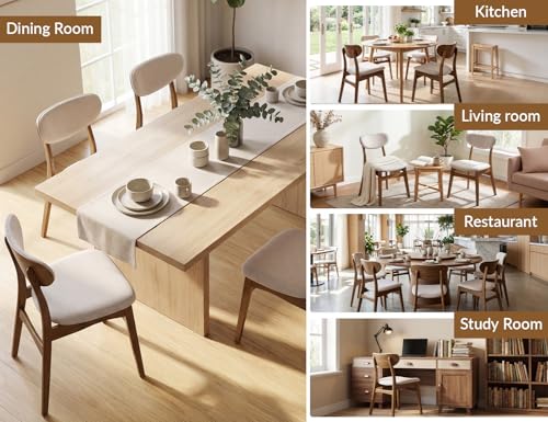 Mapleyard Wooden Dining Chairs Set of 6 - Farmhouse Fabric Upholstered Kitchen Chairs with Curved Back, Solid Wood Mid-Century Modern Side Chair for Dining Room, Beige & Walnut