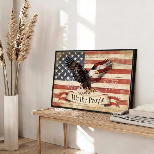 Image of American Flag Framed Canvas Wall Art, 4th of July Red White Blue Canvas Prints, USA Flag with Bald Eagle Patriotic Decorations, Vintage Independence Day Wall Decor for Bedroom Living Room 24x32