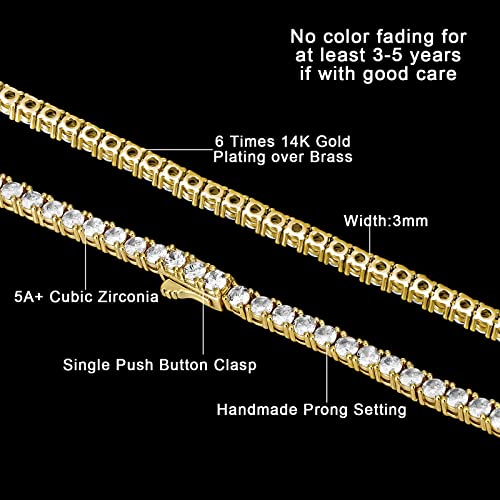 Luxfine 3Mm Tennis Necklace For Women & Men, 14K White Gold Plated Cuban Link Chain 5A+ Cubic Zirconia Iced Out Choker Diamond Hip Hop Jewelry, Birthday Wedding Father's Day Gift (With Box & Pouch) #TOP1