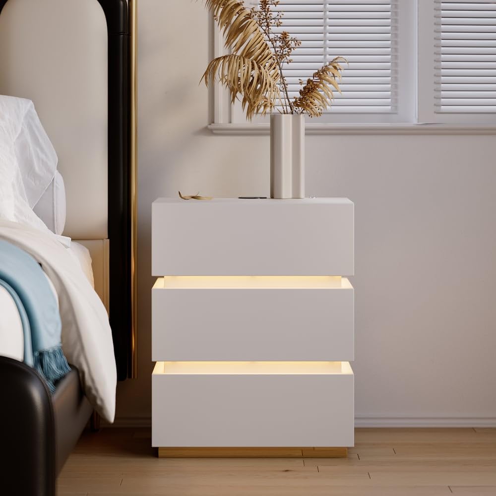 homary Comodino moderno con stazione di ricarica wireless, comodino con 3 cassetti, comodino bianco con luce LED
