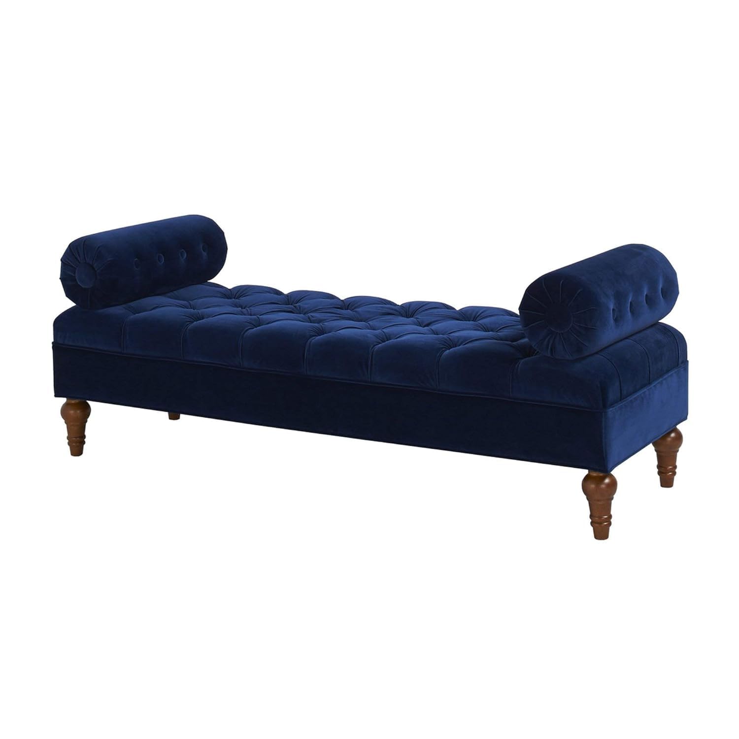 Tufted Velvet Bench with Bolster Roll Arms & Wooden Legs | Bedroom End-of-Bed Bench for Living Room Entryway (Blue)-image-17