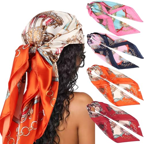 Image of DRESHOW 35 inch Large Square Satin Head Scarf - 4Pcs Silk Accessories Classic Patterned Squares Beach Bandanas for Women