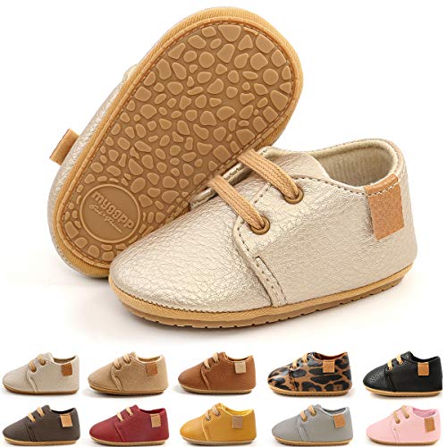 E-FAK Baby Boys Girls Dress Shoes PU Leather Soft Rubber Sole Oxford Newborn Sneakers Toddler Anti-Slip Infant Moccasins Loafers First Walker Crib Shoes(01 Gold, 0-6 Months)