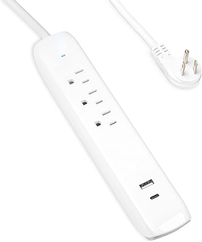 IRON FORGE CABLE Regleta de protección contra sobretensiones, 3 salidas con 2 puertos de carga USB (USB A y USB C), enchufe plano cable de extensión