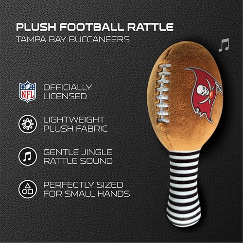 Image of Tampa Bay Buccaneers Plush Football Rattle by Smilo - Officially Licensed NFL Baby Rattle Toy - Soft Baby Rattle with Bell - for Babies and Toddlers from 3 Months