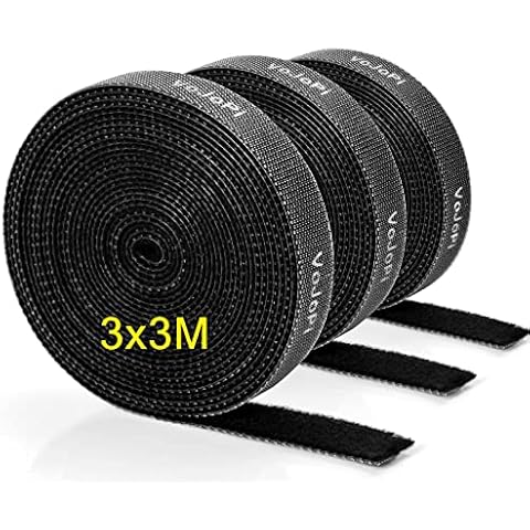 VoJoPi Reusable Cable Ties, 3 Pieces Hook and Loop Cable Straps Releasable Self Adhesive Tidy Wrap Long Large Strong for PC Computer Wire Organiser, Black Cover