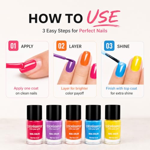 Image of Coloressence Gelato Summer Shades Nail Paint Kit, Set of 5 with FREE Nail Polish Remover | Glossy Finish | Quick Dry | Chip Resistant | Highly Pigmented