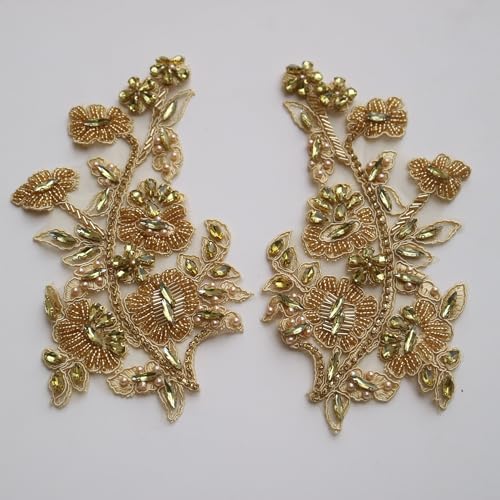 G-RUI 2pc/Pair Luxury Beaded Sequin Golden Silver Flower Embroidery lace Appliques for Wedding Dresses Rhinestone Applique Patches Embroidery lace parches ropa… (Golden) - Thumbnail 3