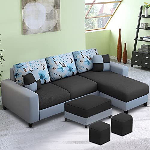 Image of Orland 4 Seater RHS L Shape Sofa with Center Table & 2 Puffy | Color - Black Grey