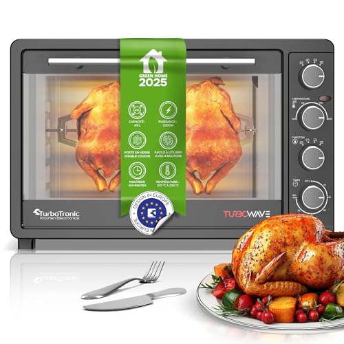 TurboTronic Four Compact avec Convection & Rôtissoire, 45L, 2000W – Mini Four Polyvalent pour Cuisson Rapide et Économique, Idéal pour Petites Cuisines et Camping