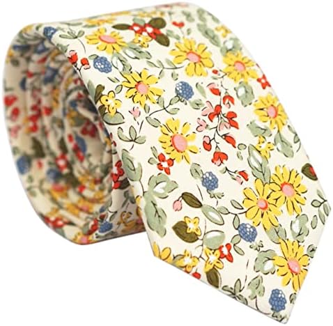 Belluno Floral Skinny Tie for Men, Slim Flower Tie for Wedding, Activities, Gift Box-Beige Daisy