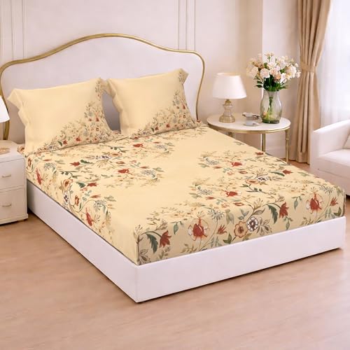 Image of Cloth Fusion Glace Cotton Elastic Fitted Bedsheet King Size with 2 Pillow Covers (78X72 inches, Floral Heaven)