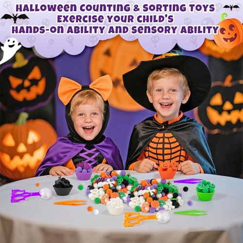 Image of EZdhuawuse Halloween Sensory Bin Fillers - 269P Halloween Fine Motor Toys Sorting Stacking Toys for Kids, Glitter Felt Pumpkin Black Cat Hat Pom Poms for Preschool Education Early Development Activity