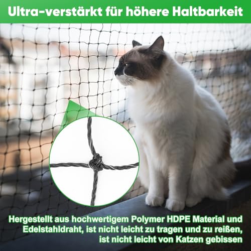 Hengu Katzennetz für Balkon, 6x3m Katzennetz Drahtverstärkt Balkonnetz Katzen Netz UV-Beständig & Witterungsfest Katzenschutznetz für Balkone, Fenster - Schwarz