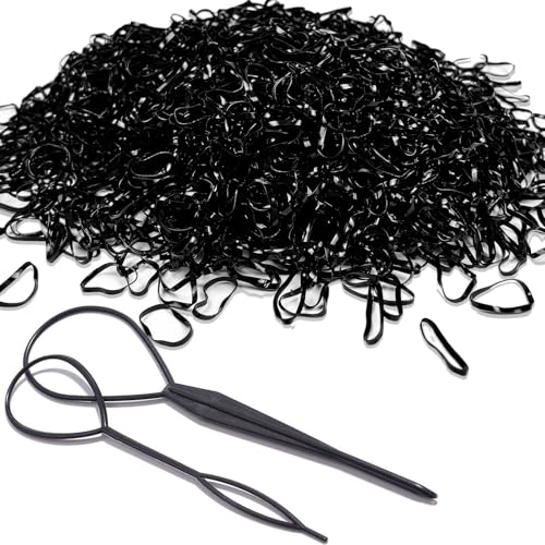 2000 PCS Hair Bands, Elastic Hair Band, Mini Hair Rubbers Ties with 2 PCS Topsy Tail Hair Tools for Girls Ponytail Hair Accessories, Soft Elastic Bands Non-Slip Small Hair Ties Black.