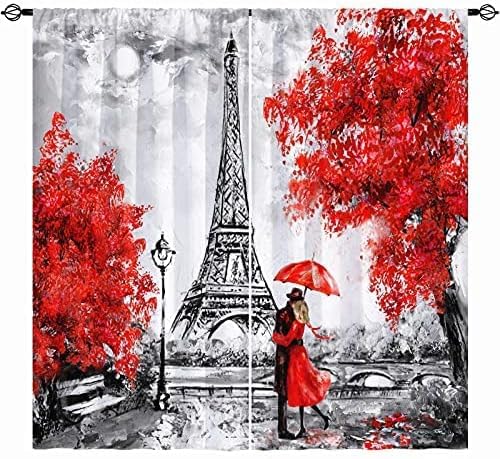 YUANZU Paris Curtains for Living Room W52 x L84 Inch Rod Pocket Girls Eiffel Tower Oil Painting European City Landscape Black&White&Red Modern Pattern