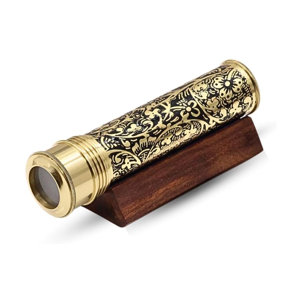 Handmade Kaleidoscope | Etched Brass with Three-Mirror System | Lampworking Glass Beads | Antique Brass Finish Wooden Display Stand | Vintage Nautical Decor for Adults & Collectors