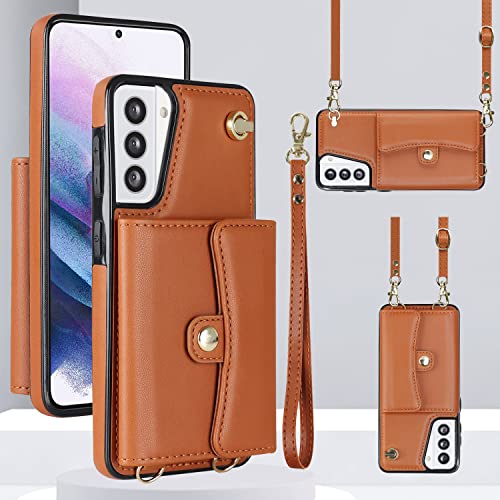 JYYVE for Samsung Galaxy S21 Plus Case 6.7 Inch, Crossbody Purse Wristlet Shoulder Strap Trendy Protective Cover for Galaxy S21 Plus (Brown)