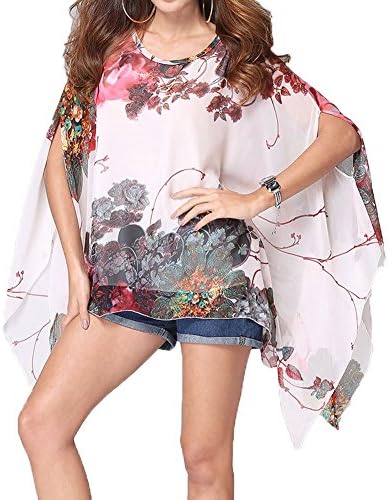 Qunsia Womens Chiffon Caftan Poncho Tunic Top Cover up Batwing Blouse,White,One Size
