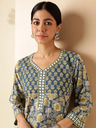 Image of Vbuyz Women'S Floral Print Straight Cotton Blue Stitched Kurta, Pant And Dupatta | Women's Kurta Suit Set l Kurta with Pant Set