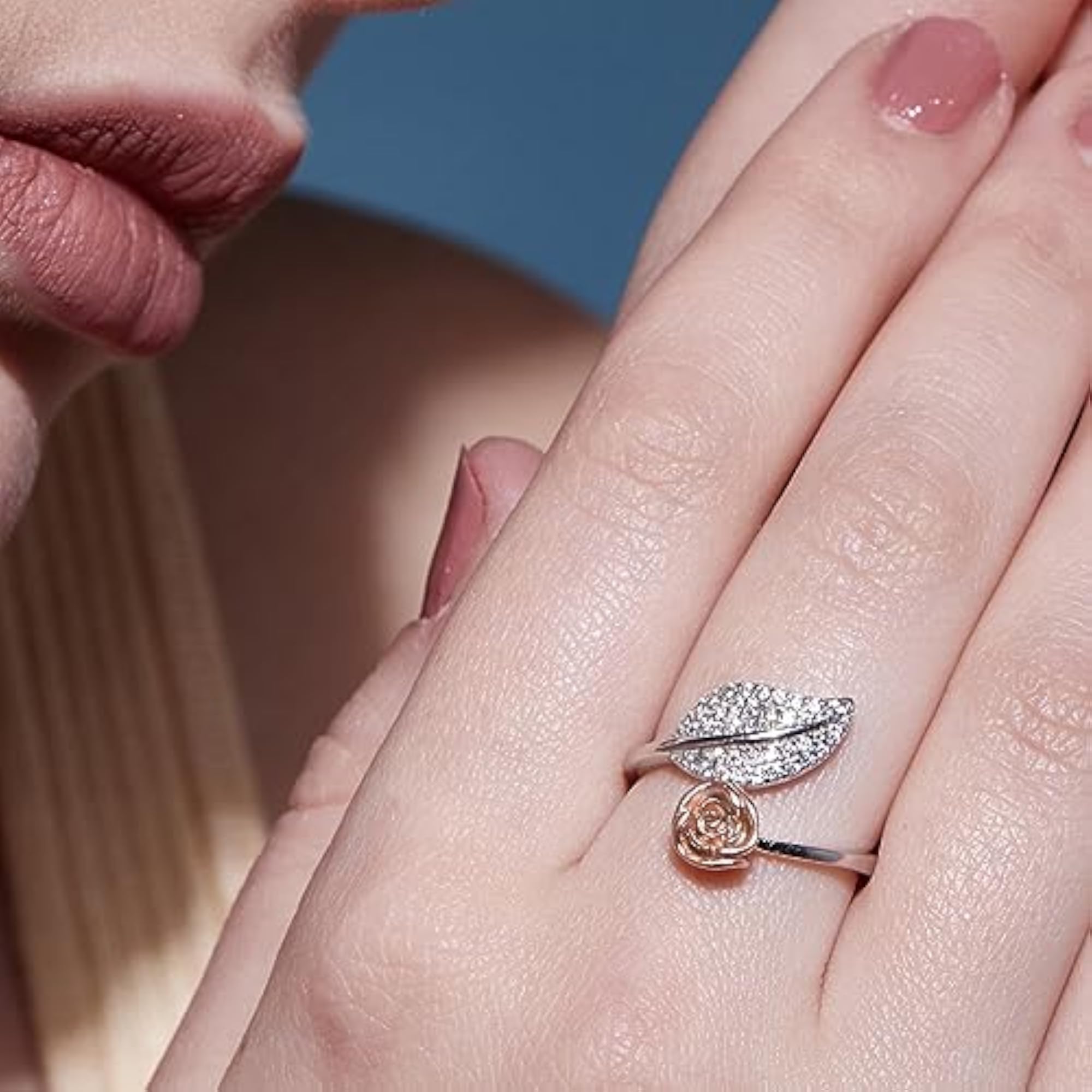 Women's 925 Sterling Silver CZ Rose and Leaf Adjustable Ring