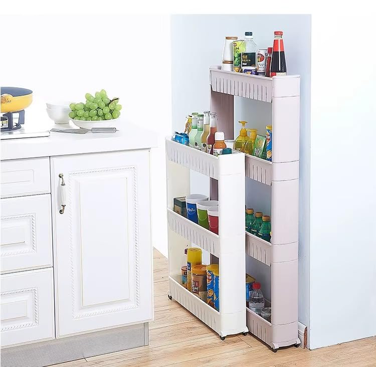 Image of JD Fresh 5-Tier Slim Rolling Storage Organizer Rack /Fridge Side Storage Rack /Plastic Trolley Storage Stand with Wheels /Floor Standing Cabinet for Bathroom and Kitchen Corner Area (White)
