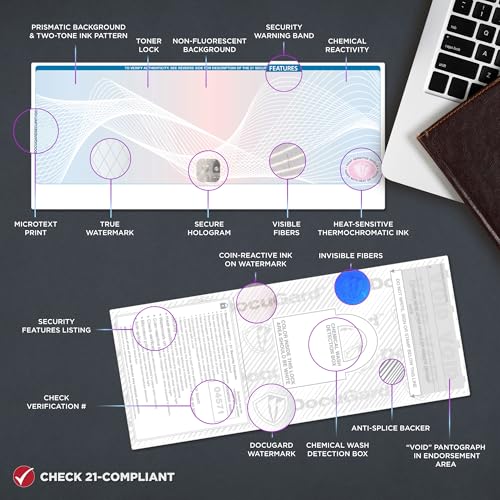 DocuGard Blue/Red Premier+ Top High Security Hologram Check Paper - New - 20 Security Features - Foil Hologram Fraud Prevention - Laser/Inkjet Printer Compatible - 500 Blank Business Checks (04571) - Thumbnail 3