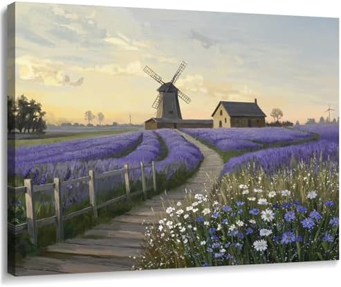 amatop Purple Canvas Wall Art for Bathroom Bedroom Farmhouse Lavender Floral Art Print Countryside Landscape Picture Daisy Flowers Small Nature Scenic Rustic Artwork Entryway Hallway 16x12 In