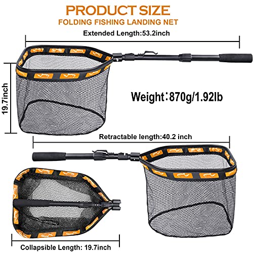 Plusinno Floating Fishing Net For Steelhead, Salmon, Fly, Kayak, Catfish, Bass, Trout Fishing, Rubber Coated Landing Net For Easy (19.7"/50Cm Hoop Size Length 1.35M Orange (Telescopic Pole)) #TOP2