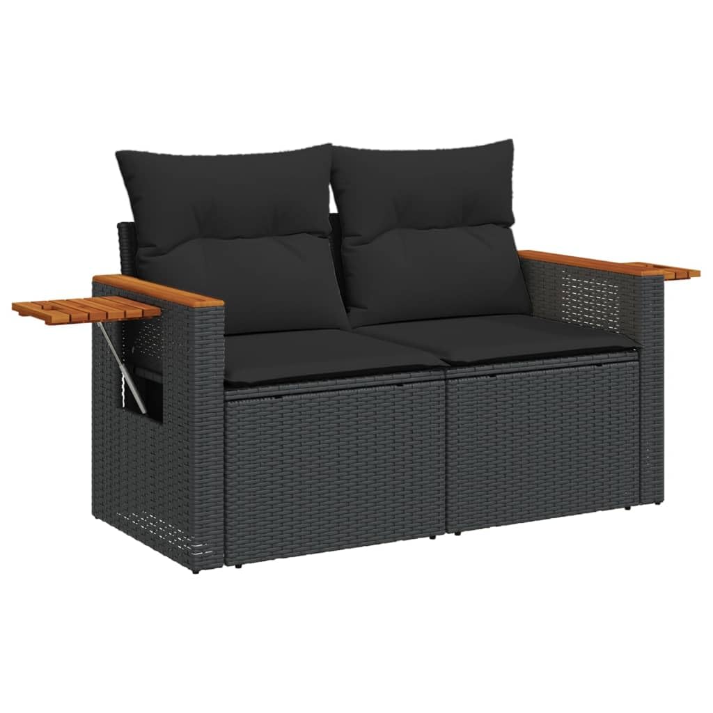IKAYAA Divano da Giardino 2 Posti con Contenitore Divanetto da Esterno 2 Posti Salotto da Giardino in Polyrattan con Cuscini per Seduta e Schienale-Nero-con Contenitore