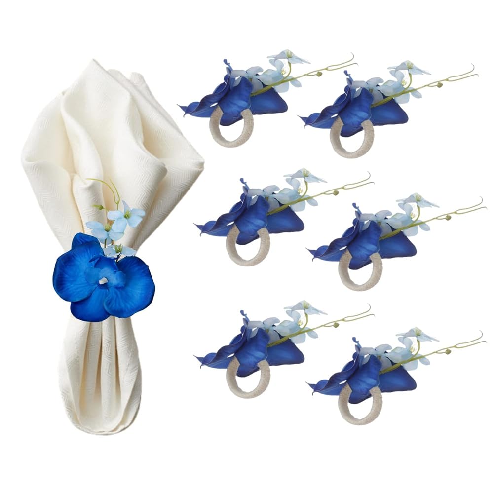 Osmond 6PCS Handmade Orchid Flower Napkin Rings Blue Flower Holders Handcraft Buckles Rings for Wedding Table Decor