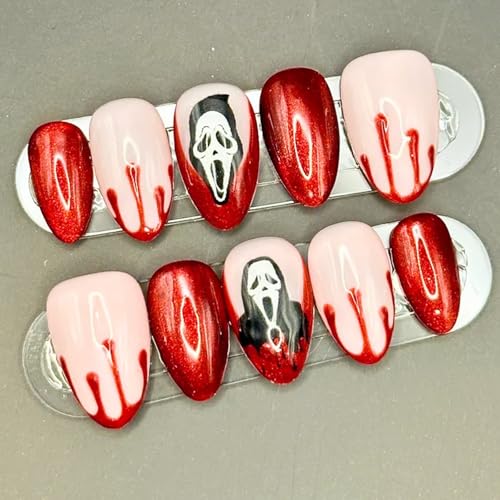 Halloween Press on Nails Short Almond False Nails Red Bloody & Ho...