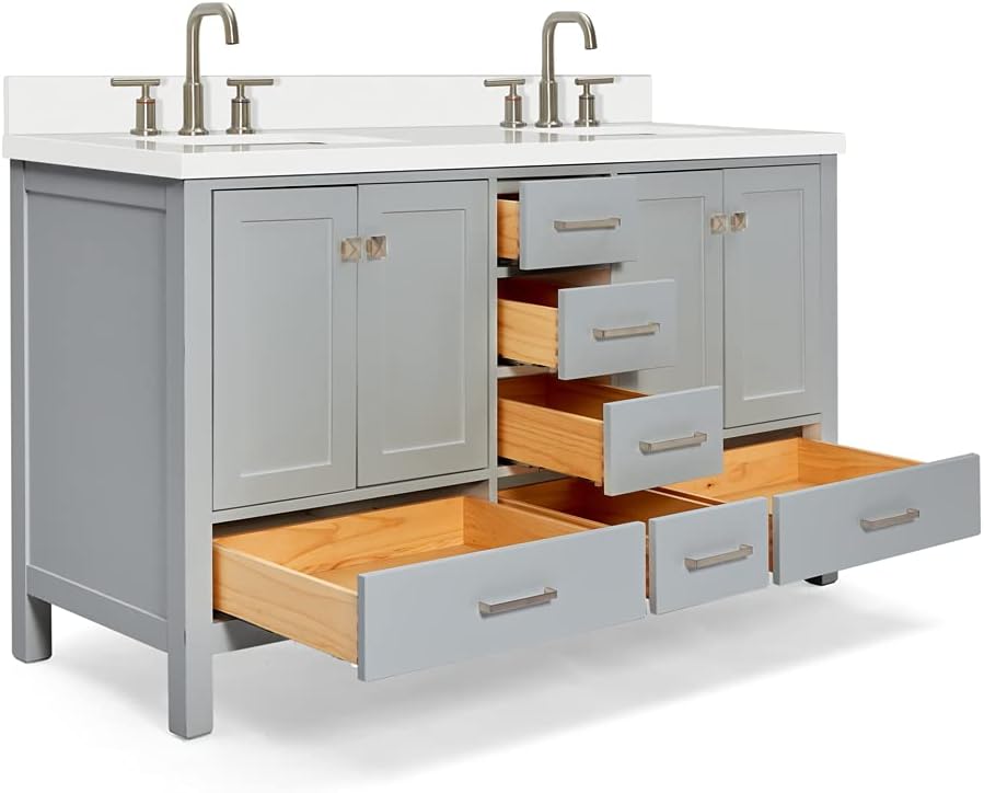 DKB Beckford 60-Inch Grey Double Bathroom Vanity with Sink, Solid Wood Base, 1.5-Inch White Quartz Countertop & Backsplash, Rectangular Undermount Sinks, 4 Soft Closing Doors, 6 Drawers