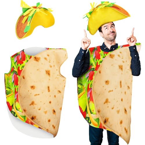 Hicarer Costume de taco d'Halloween pour adulte - Tenue de burrito alimentaire - Ensemble de luxe amusant - Costume de cosplay pour Halloween (style chapeau)