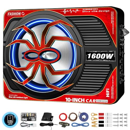 TZGBASS 2026 Upgraded 1600W Slim Underseat Car Subwoofer and Amp Package with RGB Switch