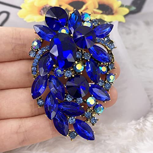 Selovo Rhinestone Statement Brooch Pin Flower Dress Accessory (Blue) #TOP1