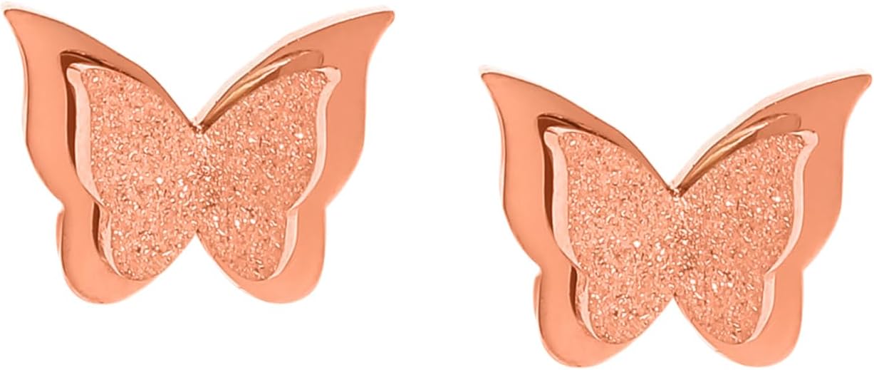 Charming Dual Butterfly Surgical Steel 18K Real Rose Gold Plated Stud Earrings for Girls and Women
