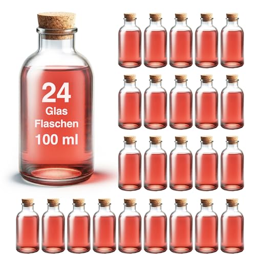casavetro 24 Botellas pequeñas de Cristal de 100 ml de 10 cm de Alto, jarrón pequeño con decoración de Mesa de Corcho, Botellas para Regalo de Invitados de Boda